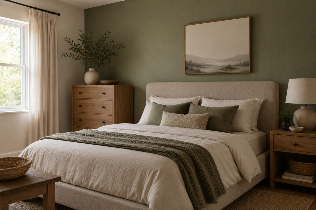Simple bedroom color idea with a warm sage green accent wall and neutral bedding