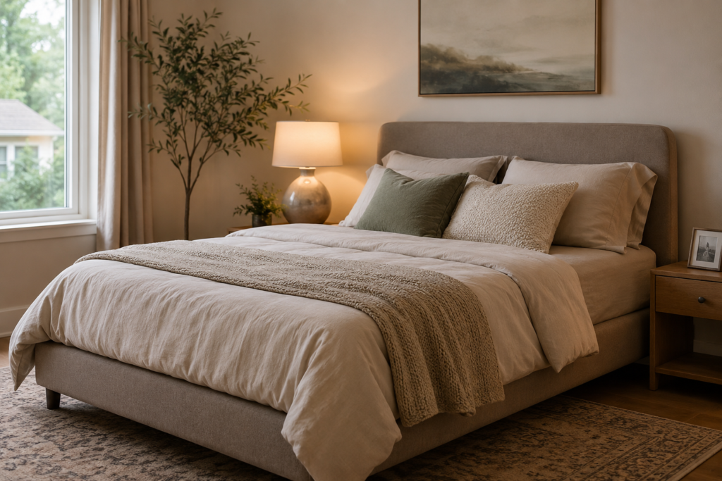 Simple bedroom interior ideas: calm, finished first-time-homeowner bedroom with warm neutral tones