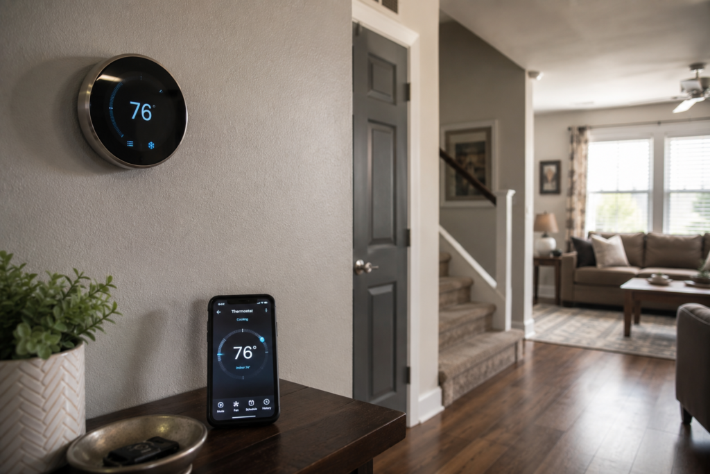 Smart thermostat and smartphone controlling cooling in a modern American home