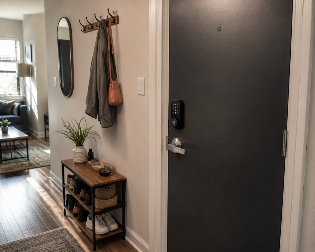 Apartment renter giving a visitor temporary access through a smart lock keypad