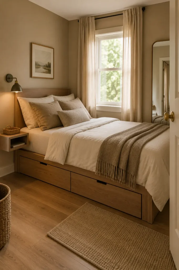 Bed with tall upholstered headboard centered under a window in a small bedroom