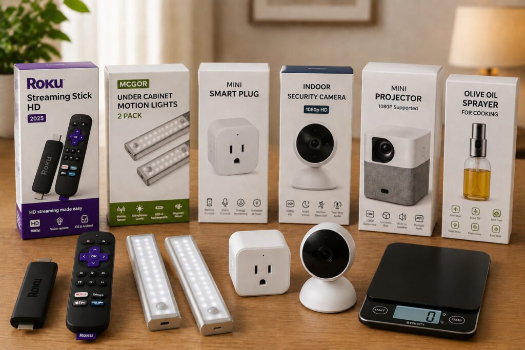 Comparison of cool smart gadgets under $50 including streaming stick, smart plug, camera, and projector