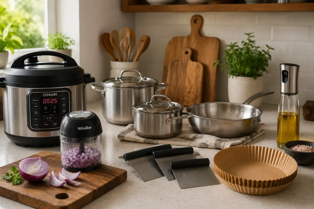 Essential home kitchen products including a pressure cooker, stainless steel cookware, mini food chopper, cutting board, oil sprayer, and baking tools
