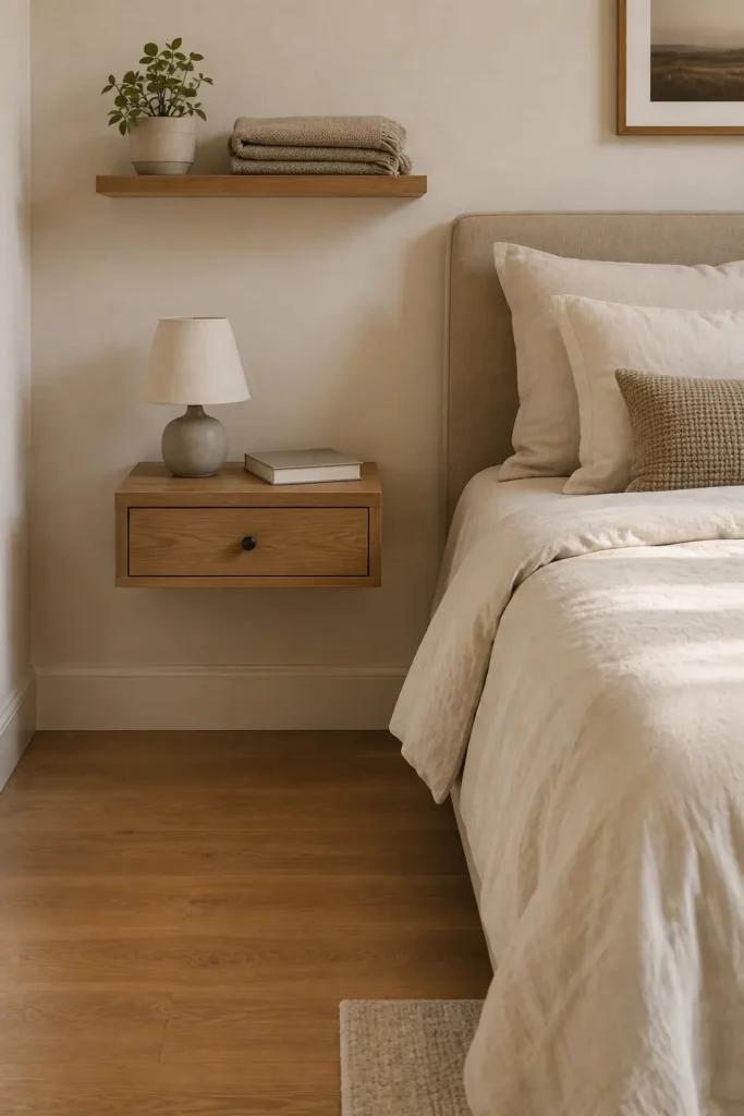 Wall-mounted floating nightstand and shelf beside a bed with clear open floor beneath