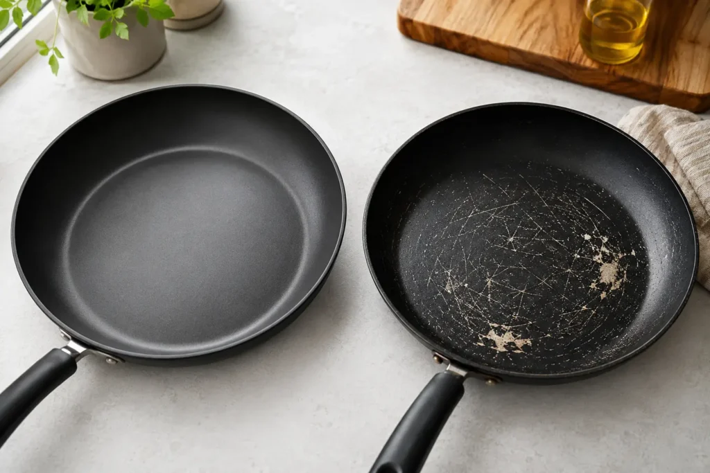 Two nonstick frying pans compared on a kitchen counter, with one smooth and intact and the other showing scratches and worn coating