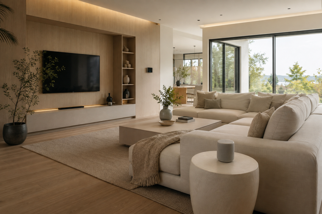 Minimalist smart home aesthetic living room with hidden smart lighting and neutral decor