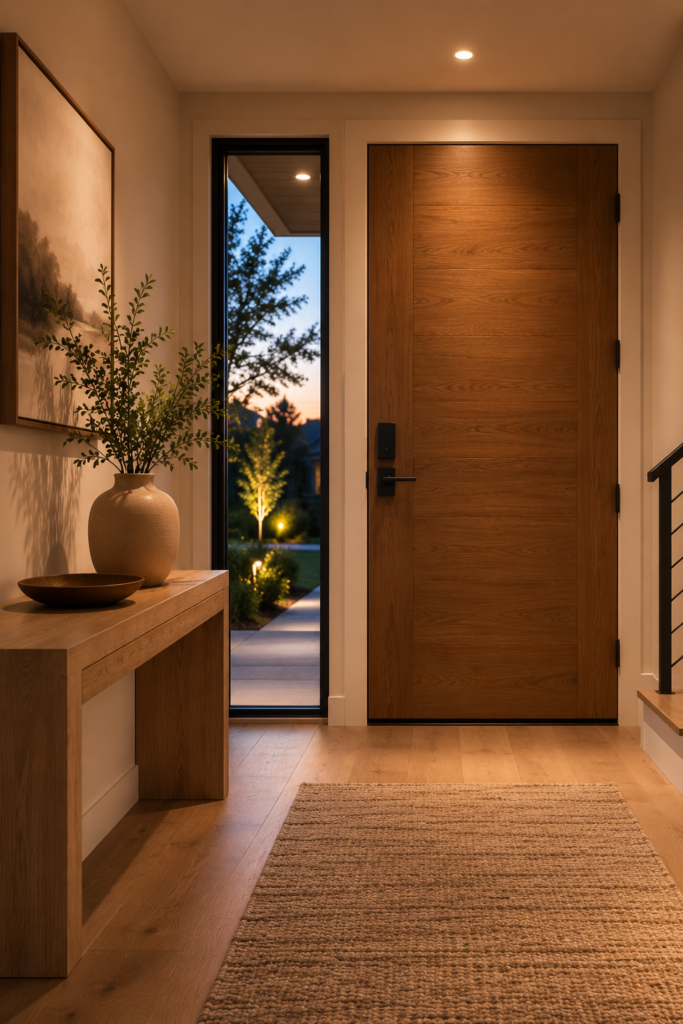 Minimalist smart home aesthetic entryway with a hidden smart lock and motion-sensor lighting