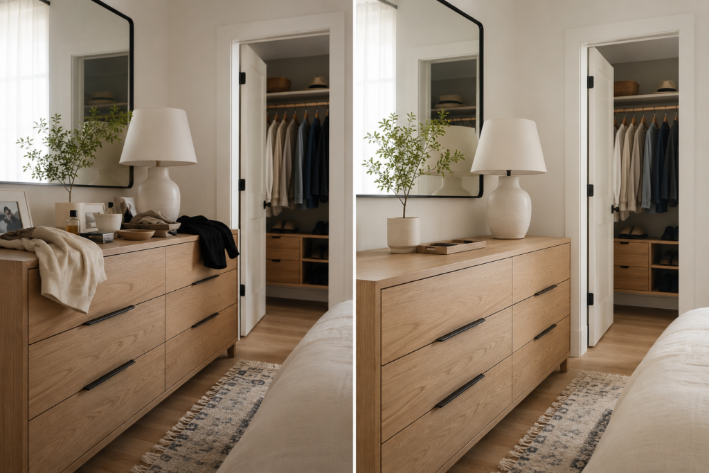 Before and after dresser decluttering using the 3-3-3 rule in a minimalist smart home