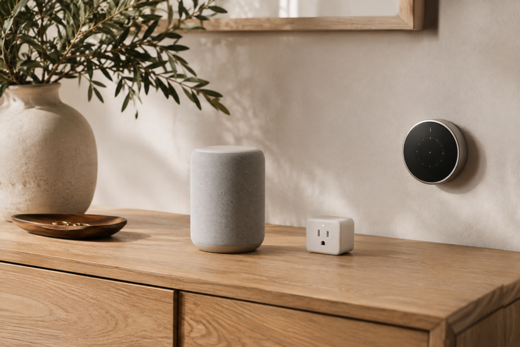 Minimalist smart home starter kit with smart speaker, smart plug, and thermostat display