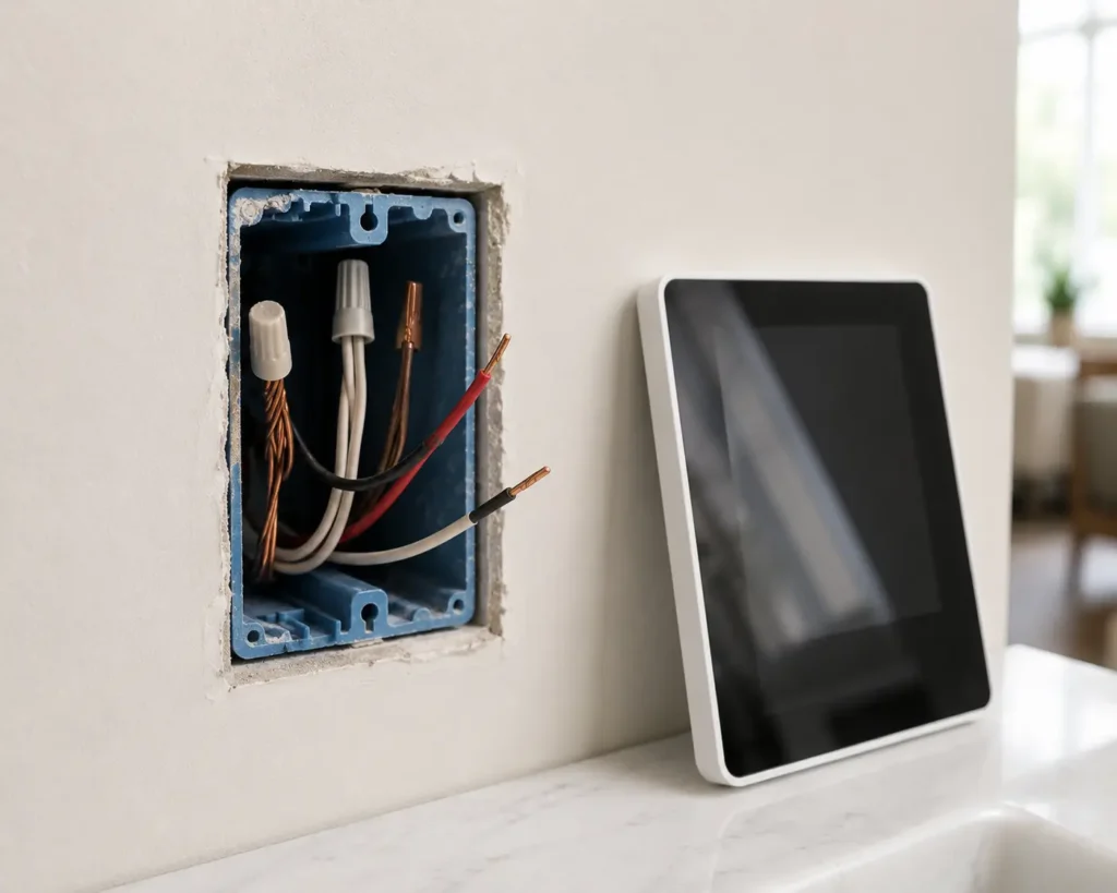 American electrical box showing wiring needed for an in-wall smart home control panel