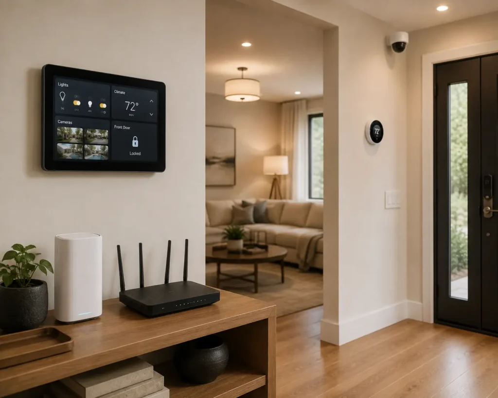 Smart home control panel connected to cameras, thermostat, lighting and secure home network