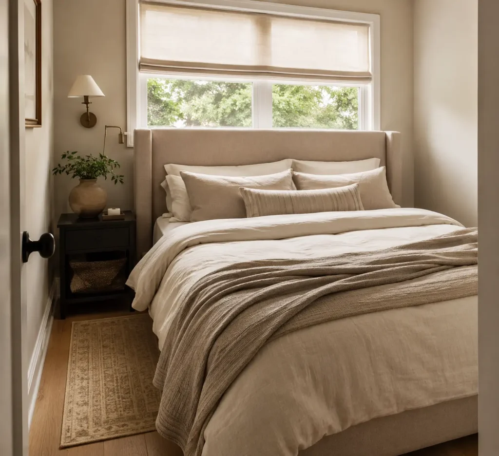 Bed centered under a window on the longest wall of a small bedroom, headboard below the sill