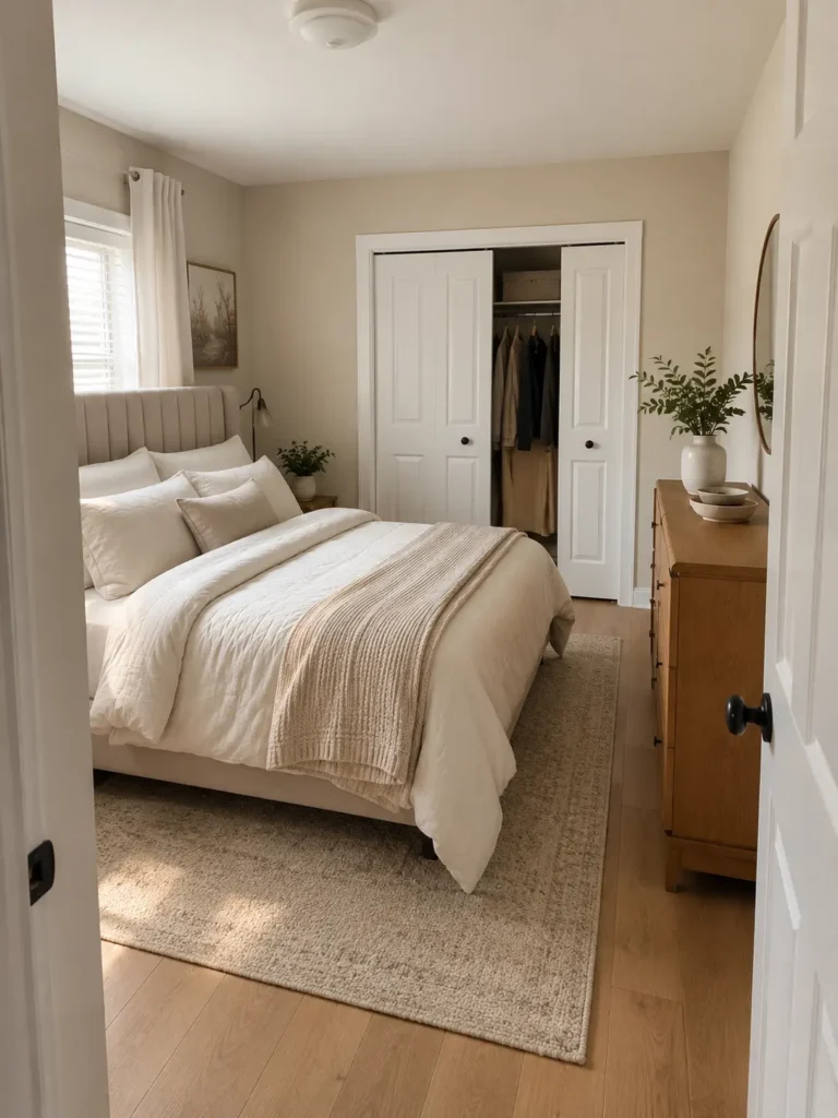 Small bedroom with bed placed along the longest wall, leaving a clear path to the closet