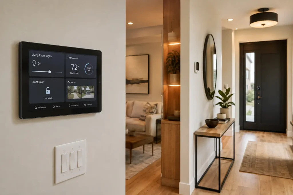 Smart home control panel displaying lights, thermostat, lock, and security controls in a modern American home
