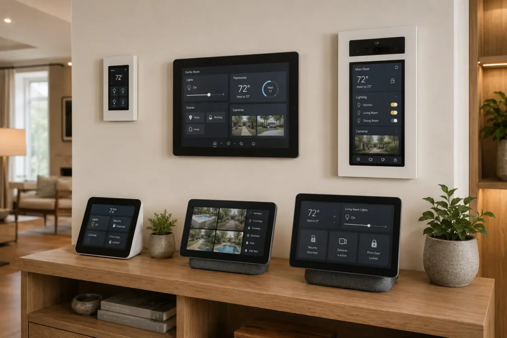 Different smart home control panel form factors including wall-mounted and tabletop displays