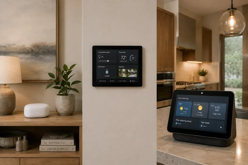 Comparison of a smart home hub, dedicated control panel, and smart display