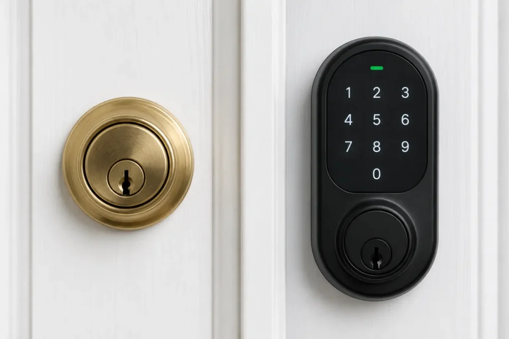 9-volt battery held against smart lock contact points to power a dead battery