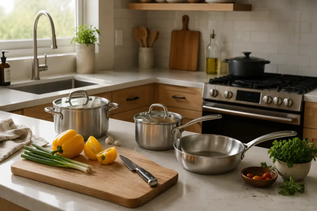 Stainless steel pots and frying pan arranged on a modern kitchen counter with fresh vegetables and a wooden cutting board