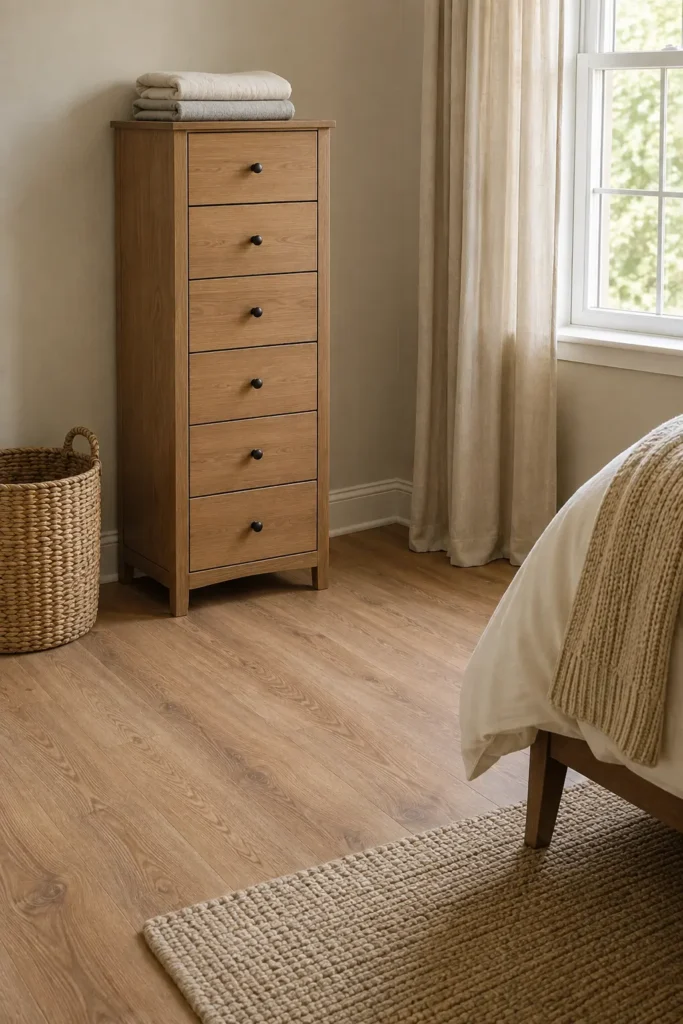 Tall narrow six-drawer dresser against a bedroom wall with open floor space beside it