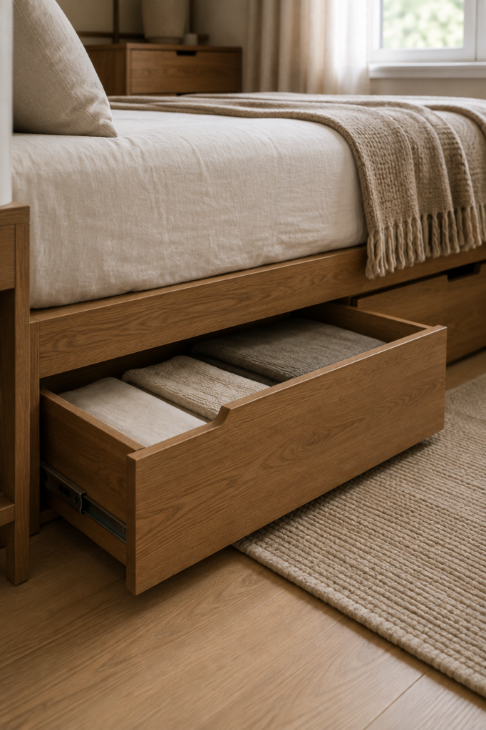 Built-in bed frame drawer pulled open showing folded linens stored underneath