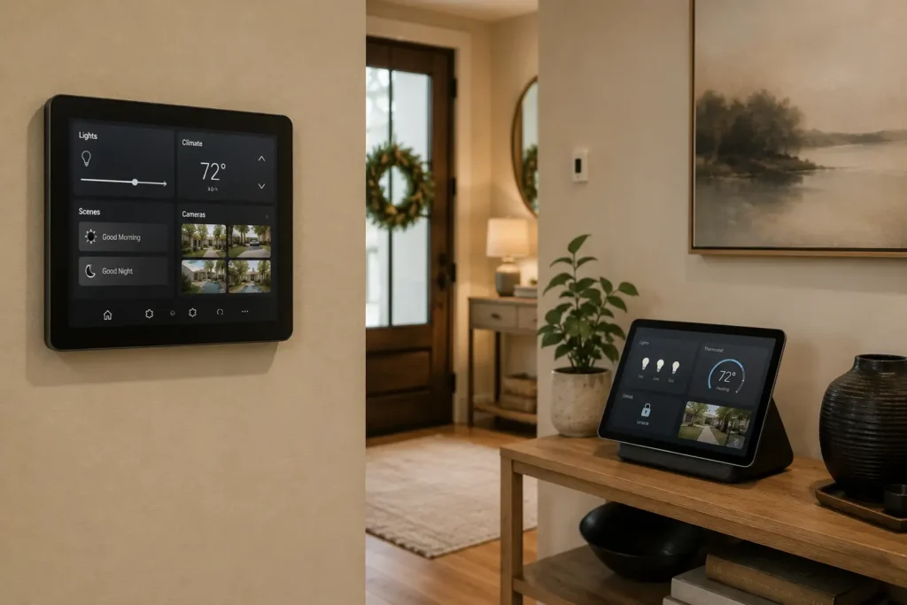 Wall-mounted and tabletop smart home control panel setups in a modern home