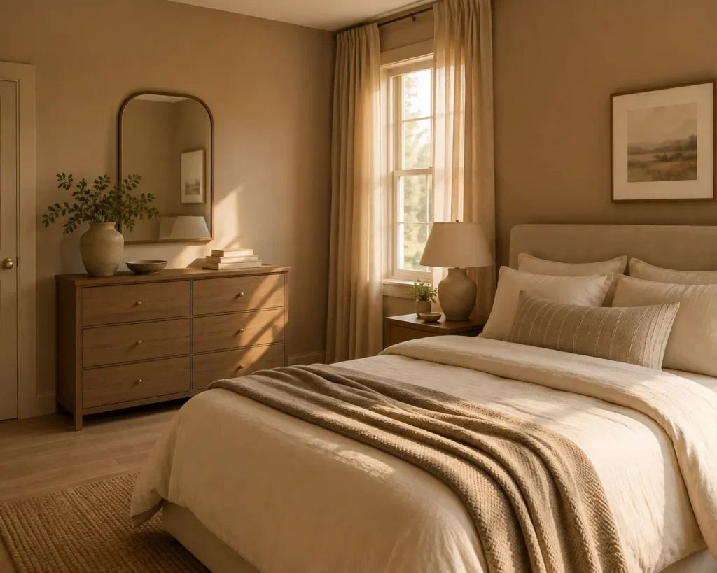 Small bedroom in layered warm tonal neutrals, from khaki-beige walls to cream bedding