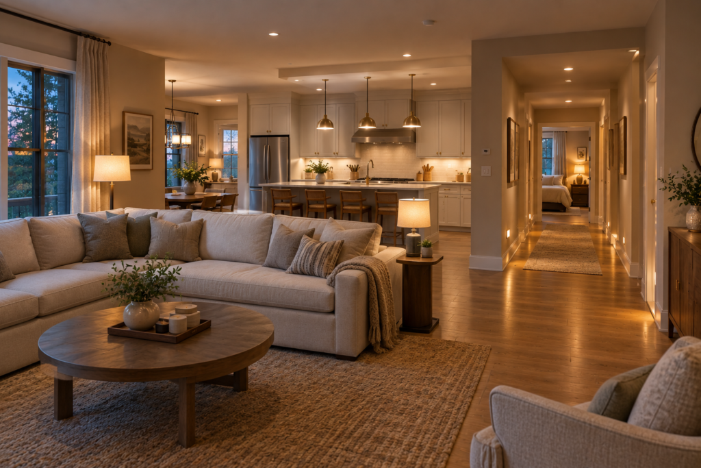 Room-by-room smart lighting in an American home showing coordinated living room, kitchen, hallway, and bedroom lighting