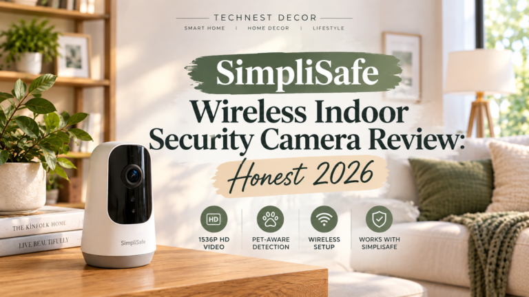 SimpliSafe Wireless Indoor Security Camera displayed in a modern living room, highlighting 1536p HD video, pet-aware detection, wireless setup, and SimpliSafe compatibility.