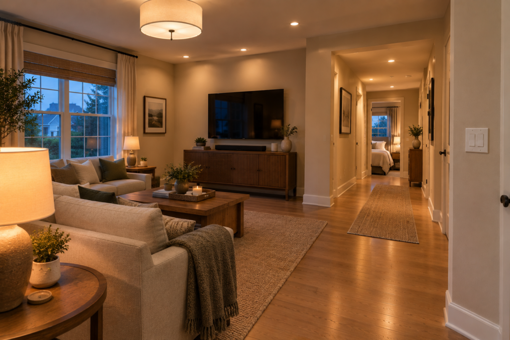 Smart bulbs and smart switches used together in a modern American home lighting system