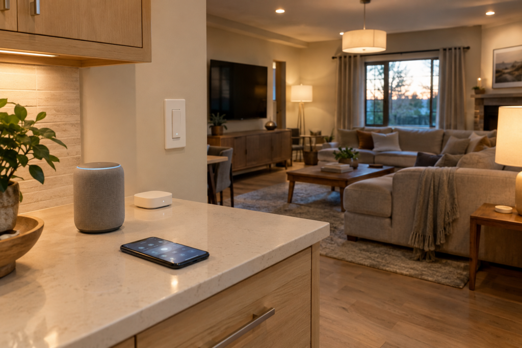 Smart home lighting ecosystem with connected lights, smart hub, wall switch, and voice control devices in a modern home