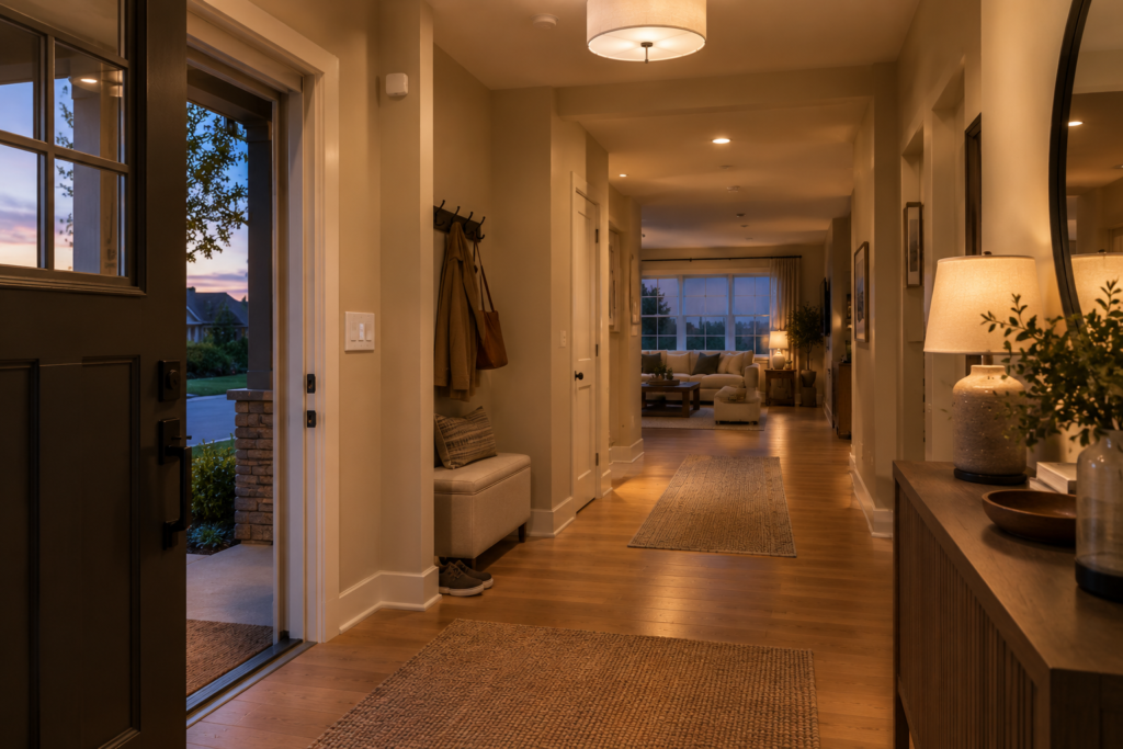 Smart lighting arrival automation with warm entryway, hallway, and living room lights working together