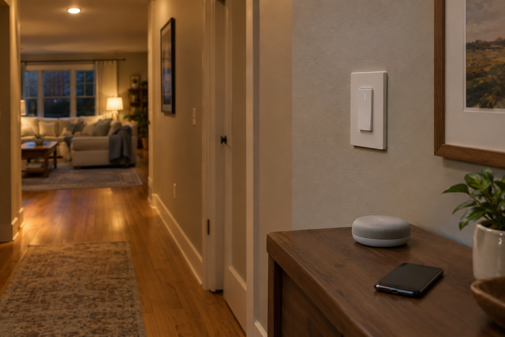 Smart lighting system with a physical wall switch providing manual control in a modern American hallway