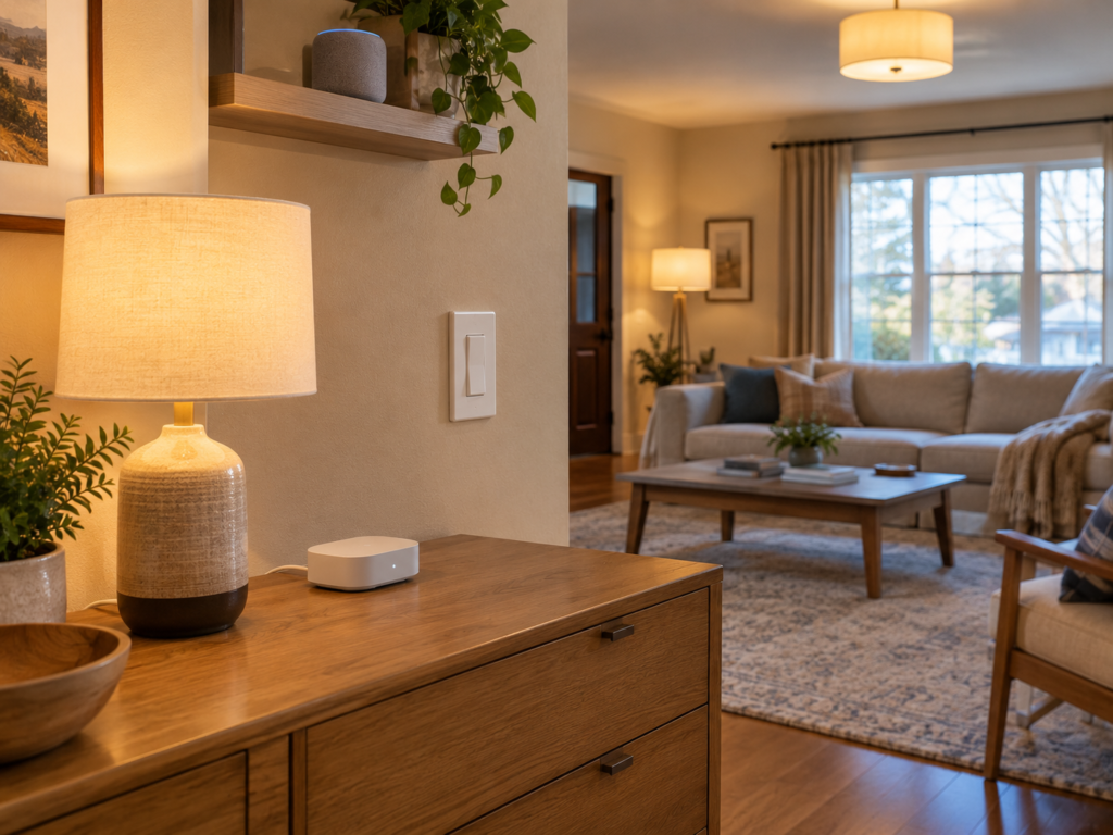 Smart lighting starter setup with an LED smart bulb, smart switch, home hub, and voice assistant in a modern living room