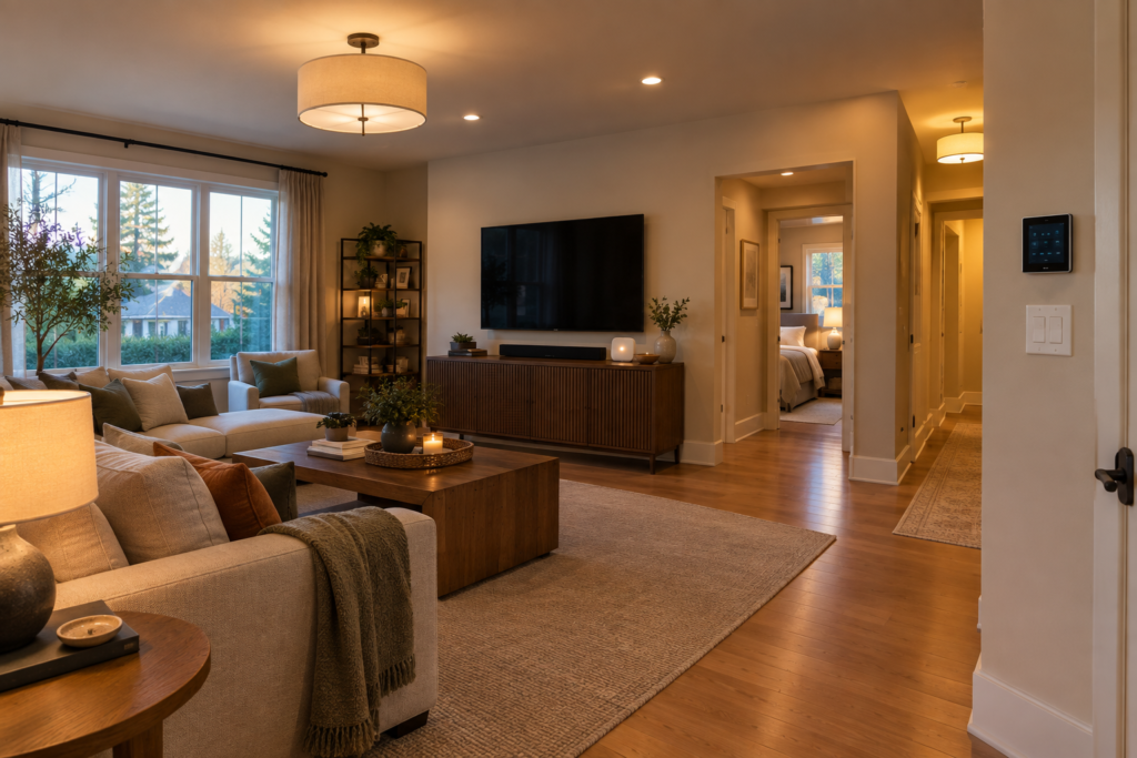Three core components of a smart home lighting control system including smart lights, a home hub, and physical control switch