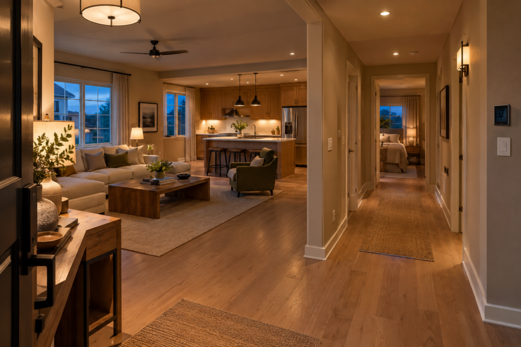 Whole-home smart lighting control system in a modern American home with coordinated living room, hallway, kitchen, and bedroom lighting