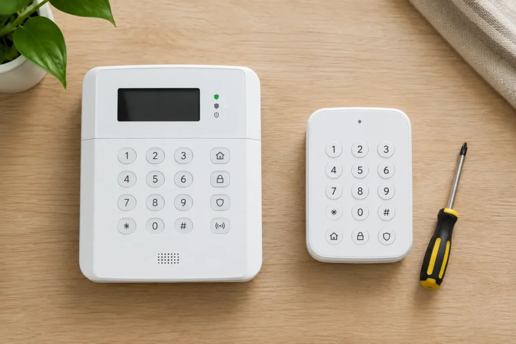 Home security system installation comparison between professional keypad and self-install kit