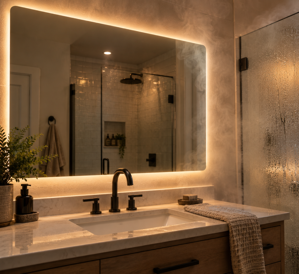 	Anti-fog smart bathroom mirror staying clear with steam visible on surrounding tile