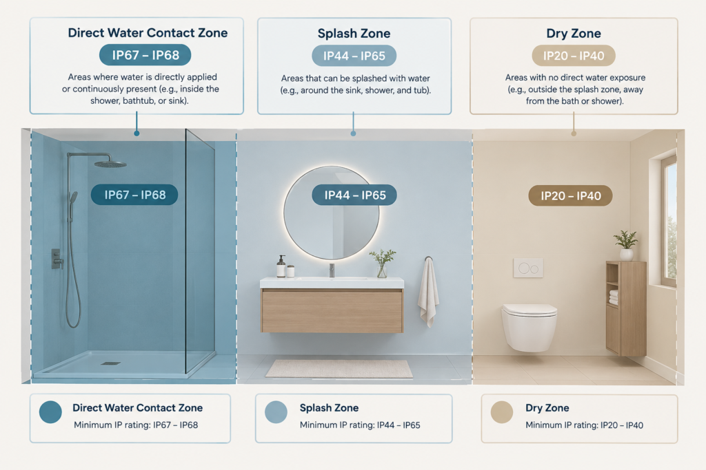 Diagram of bathroom IP rating zones for safely installing humidity-safe smart dimmers