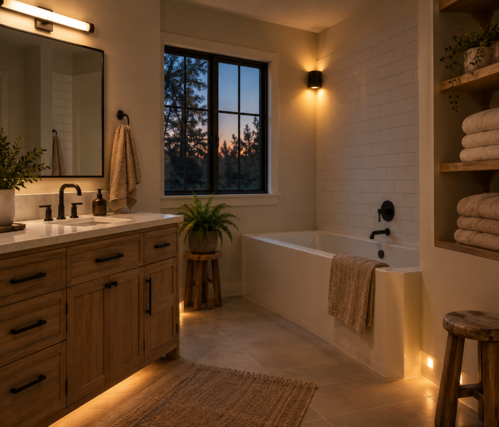 Cozy bathroom decorating ideas with warm layered lighting for a spa-like feel