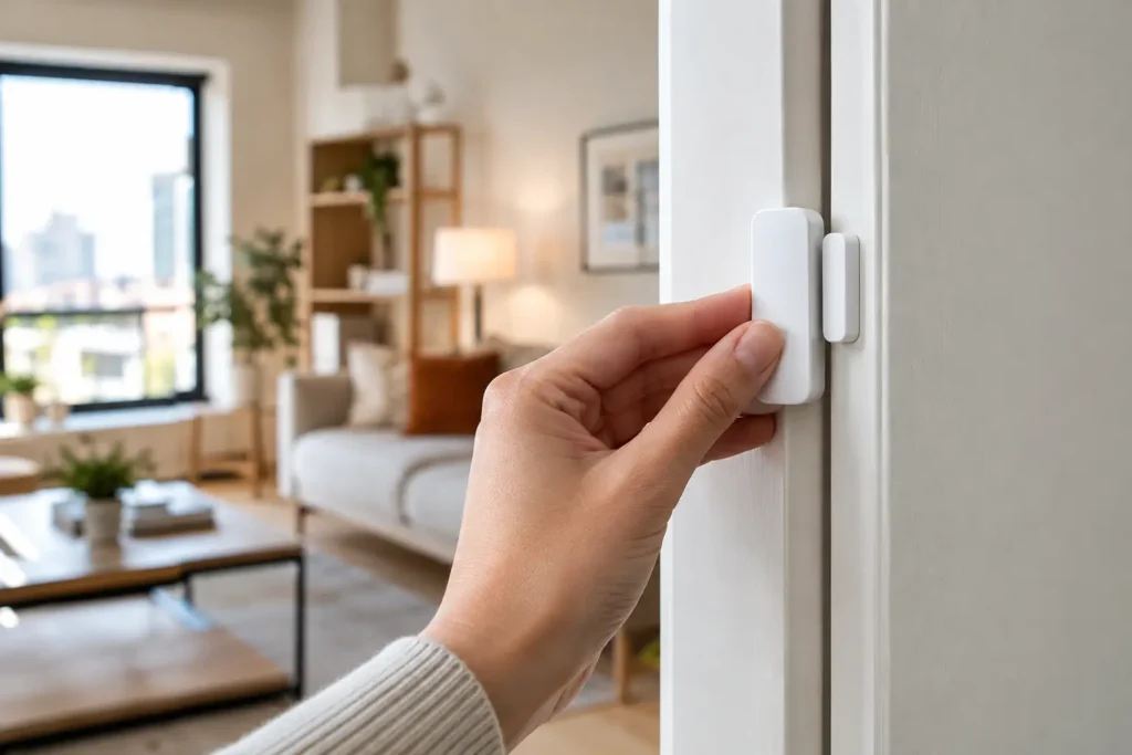 DIY home security system installation using adhesive sensor on apartment door frame