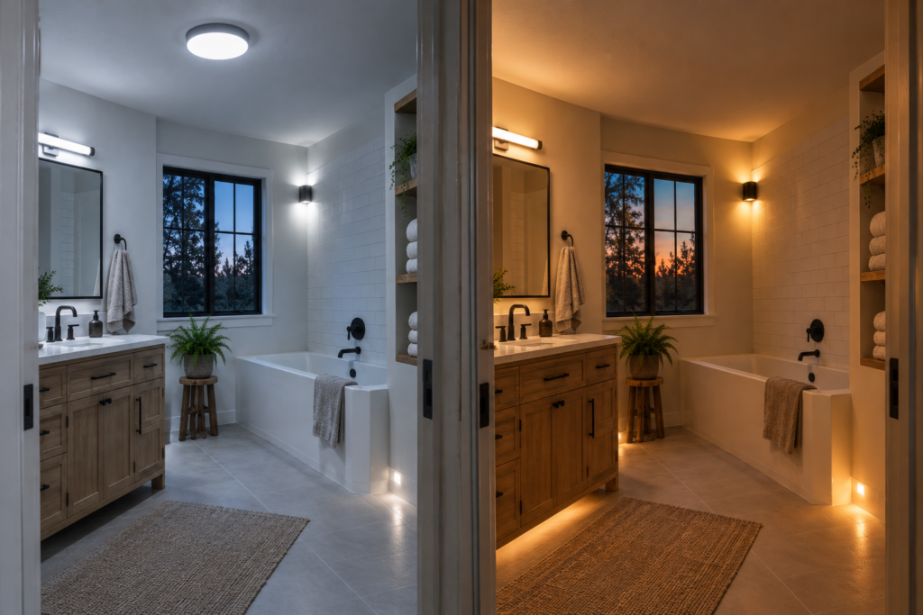 Bathroom lighting comparison: single harsh overhead bulb vs. warm layered lighting