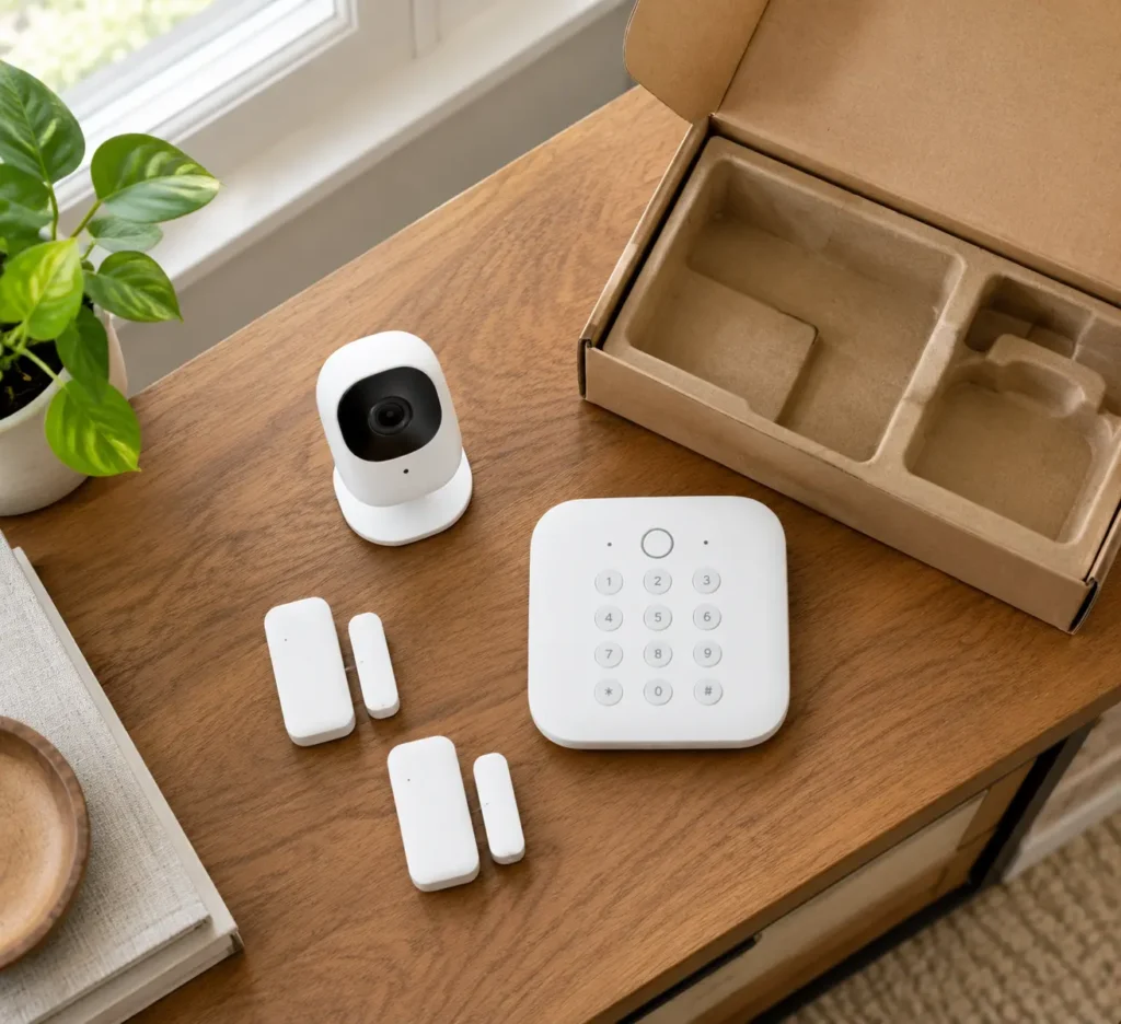 Unboxed home security system installation equipment including sensors, keypad, and camera
