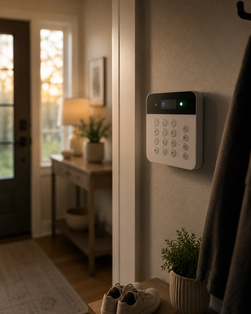 Home security system keypad after installation, armed and ready
