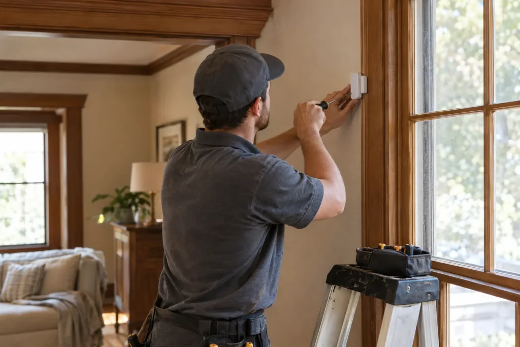 Professional home security system installation technician mounting a wall sensor