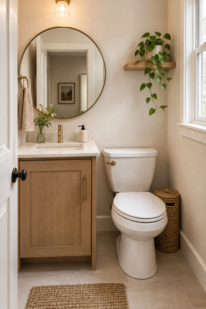 Small bathroom decorated with a round mirror, woven storage basket, and trailing plant