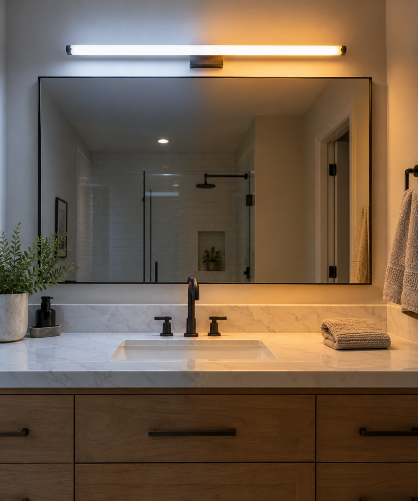 Smart LED vanity light transitioning from cool morning light to warm evening light