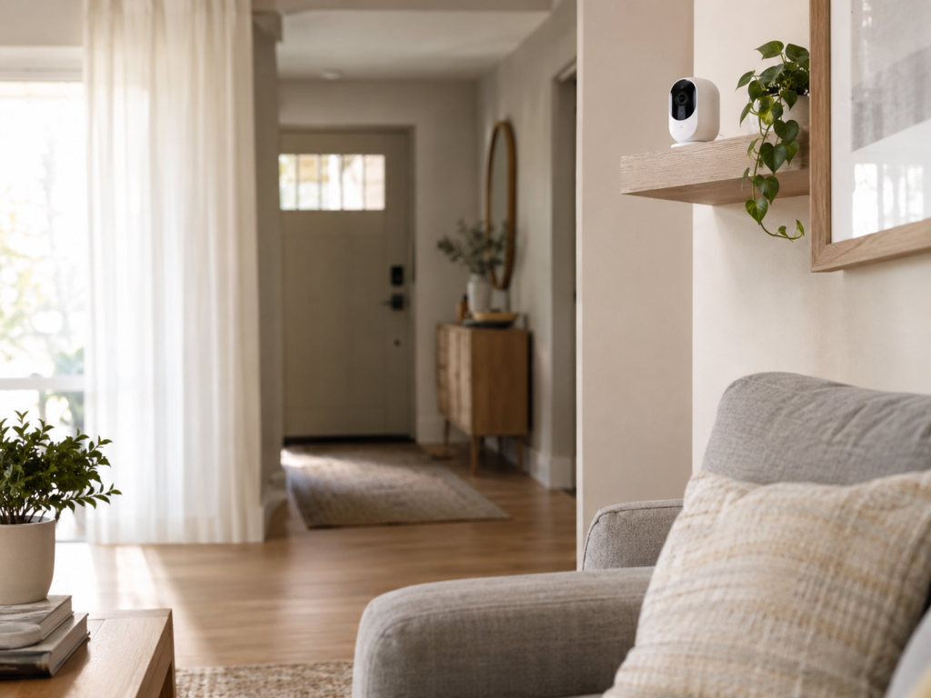 Mounting a wireless indoor security camera on a shelf without drilling, in an apartment living room