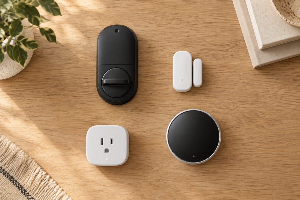 Certified Z-Wave devices including a lock, sensor, plug, and thermostat on a table