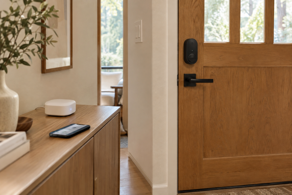 Z-Wave smart home system with a smart lock and hub in a modern American entryway